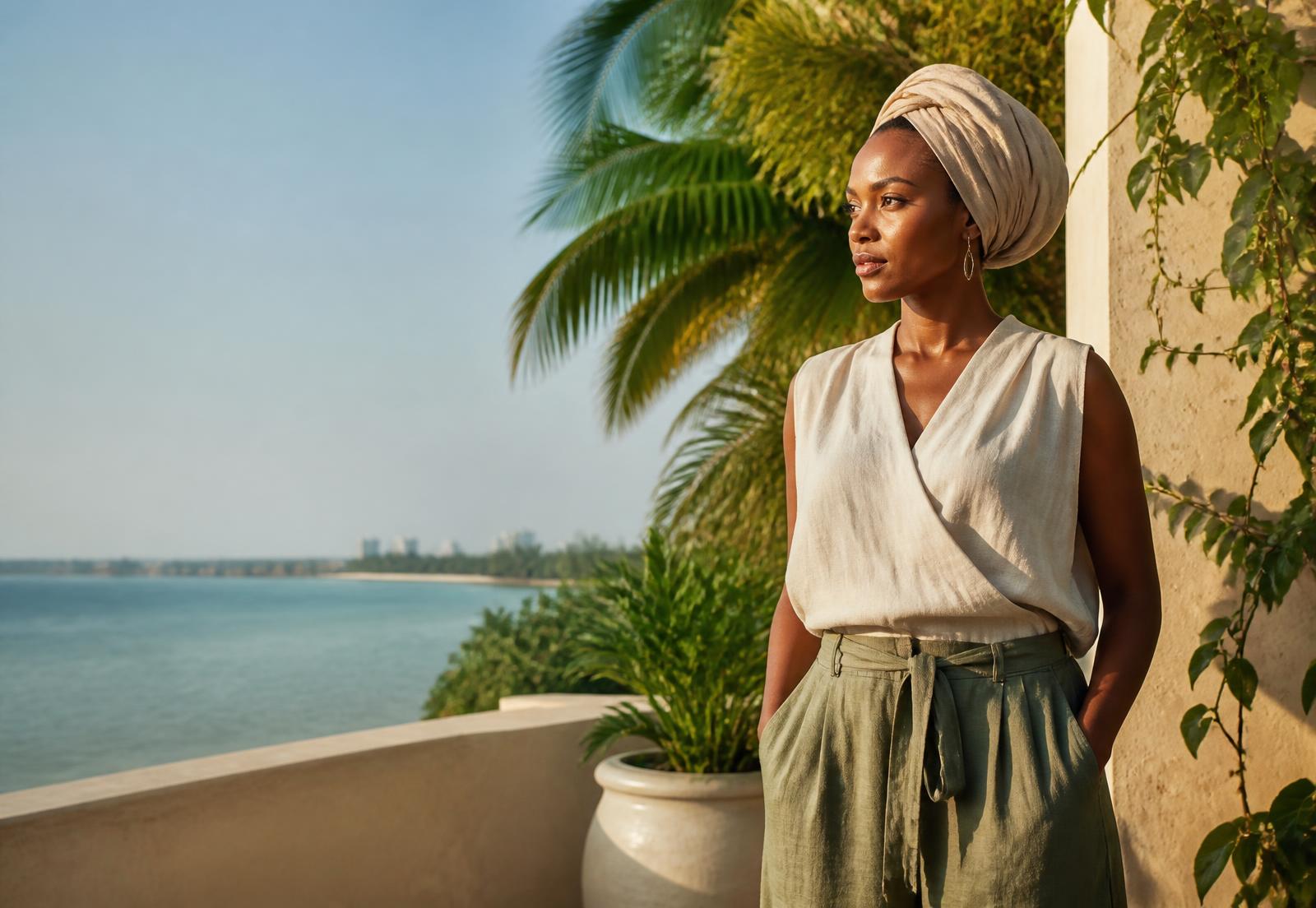A woman enjoying a calm morning overlooking the Tanzanian coast